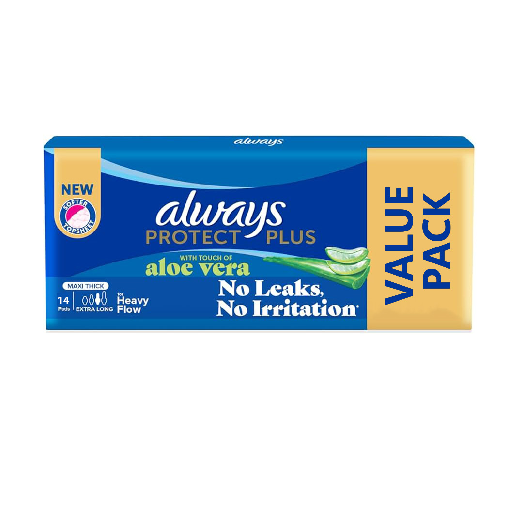 Always - Protect Plus Pads with Touch of Aloe Vera - Extra Long Heavy Flow- Maxi Thick - 14 Pads