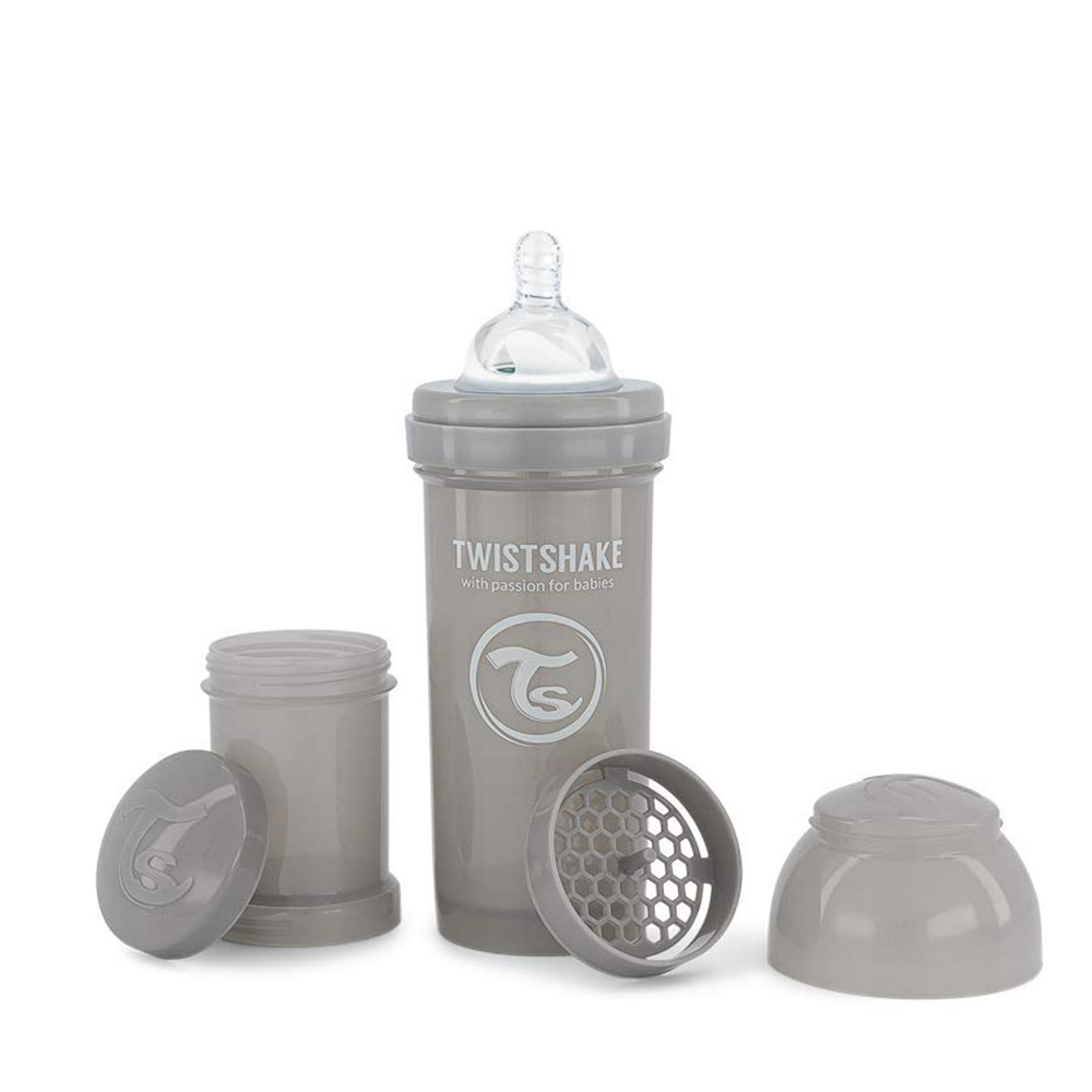 Twistshake - Baby Plastic Bottle 260 ml with Milk Container 100 ml +2 months - Gray