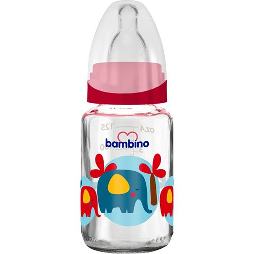 Bambino - Classic Glass Feeding Bottle -125ml - 0-6m -Red