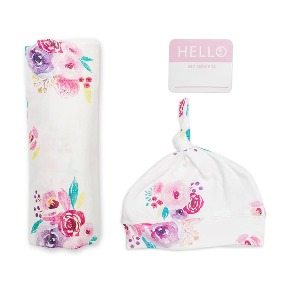 Lulujo - Hello World Swaddle & Hat Set - Posies