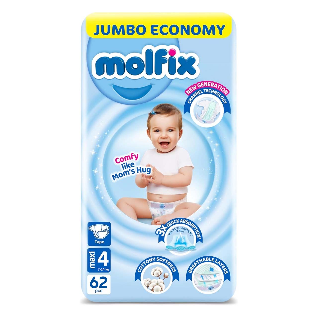 Molfix - Number 4 - Maxi Tape Diaper Advantage Pack - 7-14kg - 62 Diapers