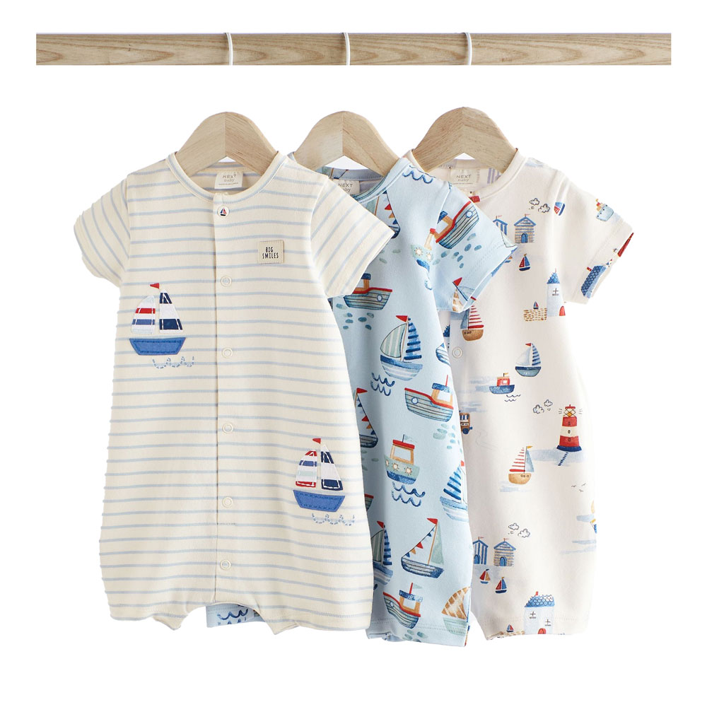 Next - Baby Jersey Rompers - Blue Boat - 3 Pack - Up to 3 months