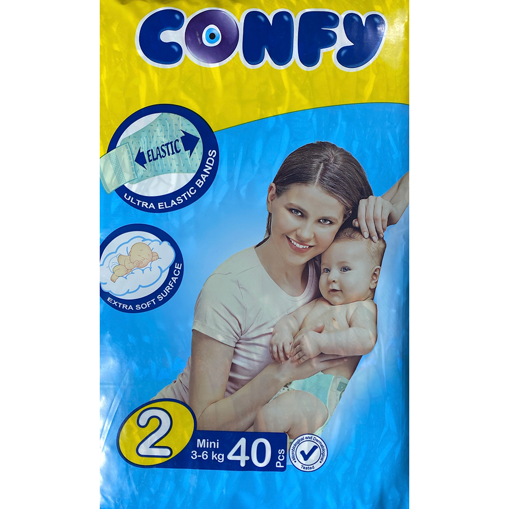 Confy Number 2 - Newborn elastic baby diapers pack, 3-6Kg, 40 Diapers