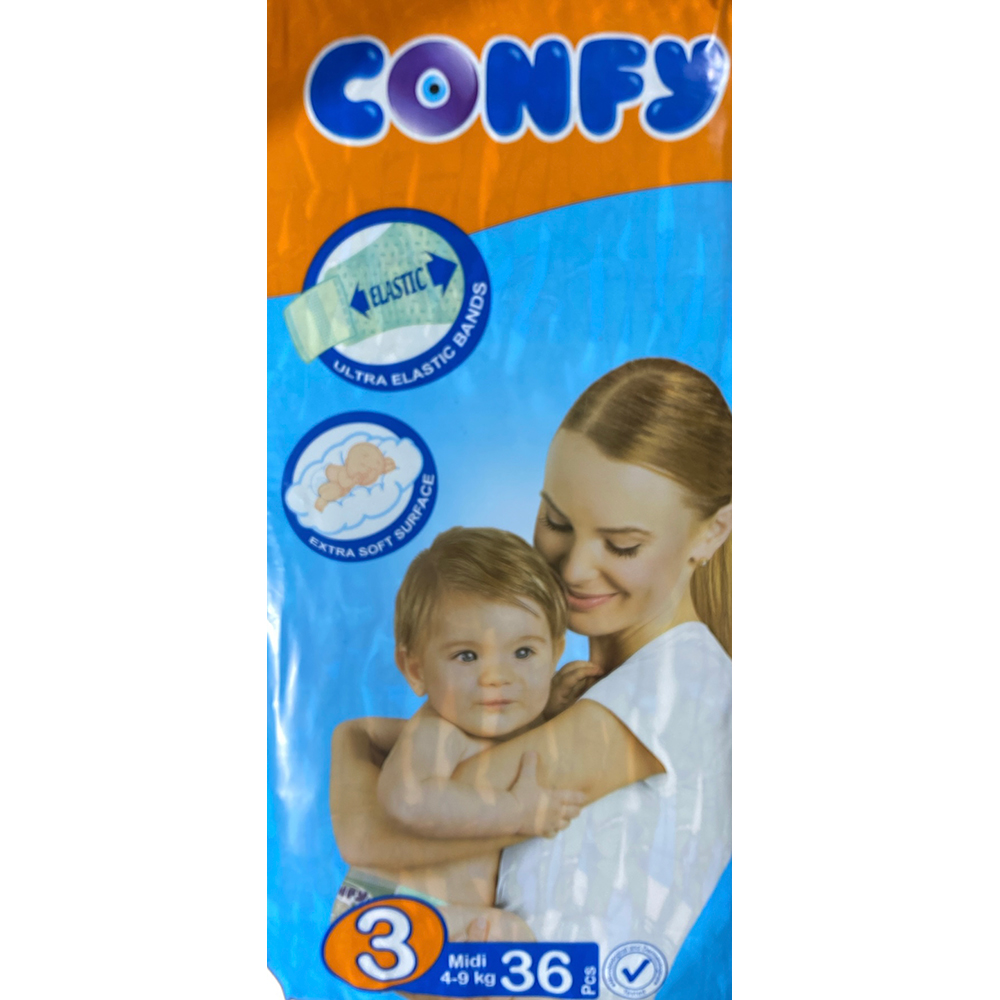 Confy Number 3 - Midi elastic baby diapers pack, 4-9Kg, 36 Diapers