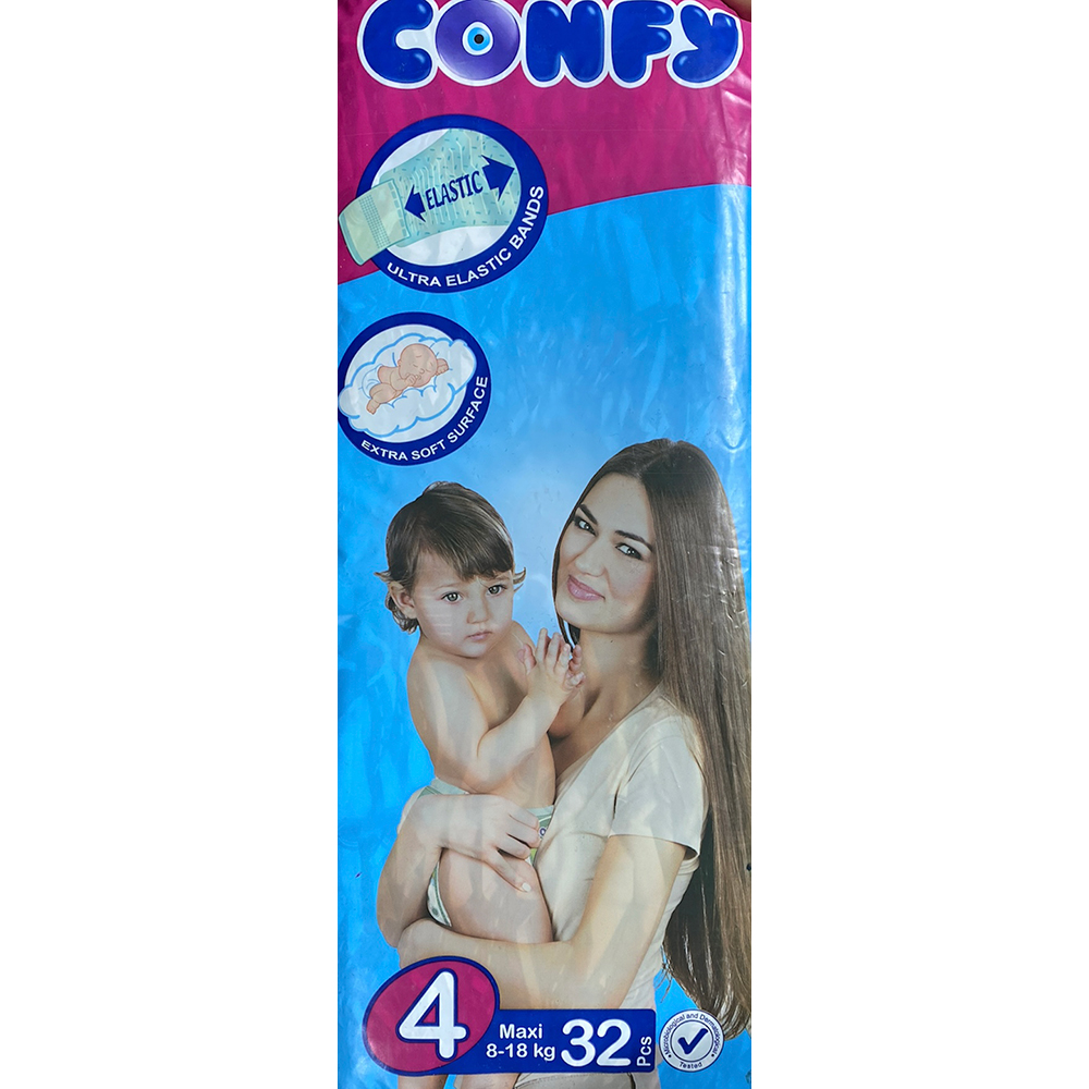 Confy Number 4 - Maxi elastic baby diapers pack, 8-18Kg, 32 Diapers